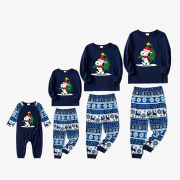 Snoopy Dog Printed Blue Christmas Family Pajama Set