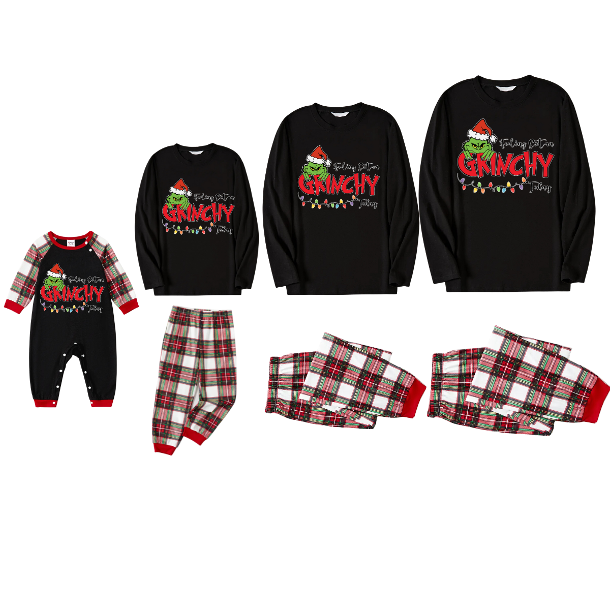 Christmas Cartoon and Light Print Black Long Sleeve Top with Red & White & Green Plaid Family Matching Pajamas