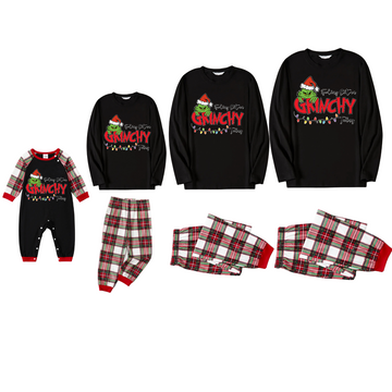 Christmas Cartoon and Light Print Black Long Sleeve Top with Red & White & Green Plaid Family Matching Pajamas