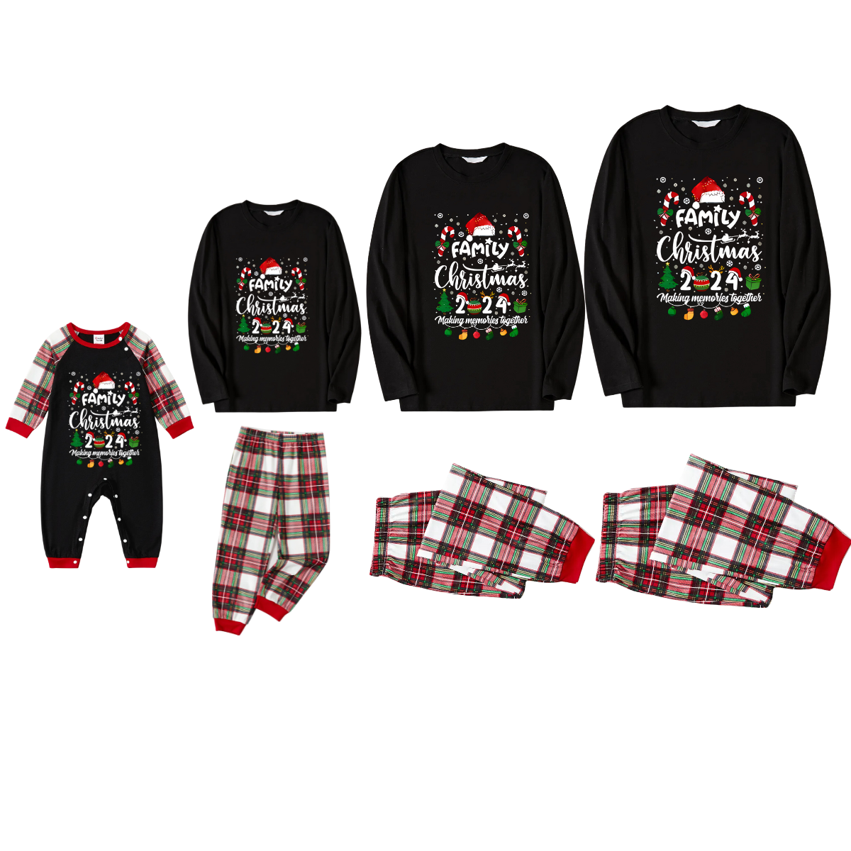 "FAMILY CHRISTMAS 2024 Making Memories Together" with Various Christmas Decorations - Black Top with Red & White & Green Plaid Pants Family Matching Pajamas