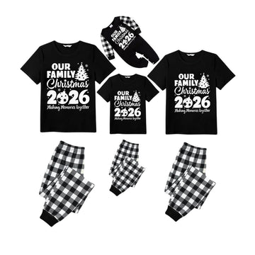 Our Family Christmas 2026 Pajamas Set - Black Top Black and White Plaid Pants White Graphic Text Tree