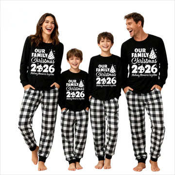 'Our Family Chirstmas 2026 Making Memories Together' Letter Print Black Long Sleeve Top with Black And White Plaid Pants Family Matching Pajamas