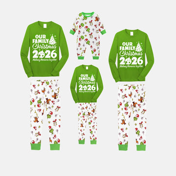 2026 Our Family Christmas Matching Pajamas - Green with Santa & Reindeer Pattern