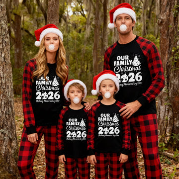 Arrive in 3-5 days - Christmas Tree & "2026 Making Memories Together" Patterned Contrast top and Black & Red Plaid Pants Family Matching Pajamas Set