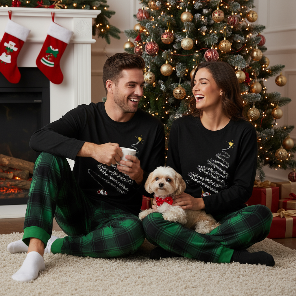 Santa Claus and Christmas Tree Print Black Long Sleeve Top with Green and Black Plaid Couple Matching Pajamas