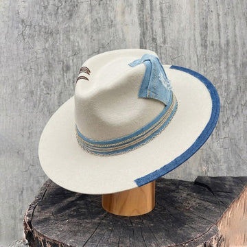 Teardrop Fedora - Cream with Denim Stitching