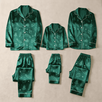 Emerald Green Festive Line-Art Print Satin Button-Up Family Christmas Pajamas Set