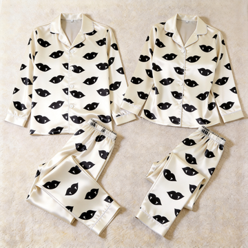 Spooky Vampire Lips Print Satin Matching Pajamas for Couples – Long Sleeve Button-Down Top & Pants Sleepwear Set