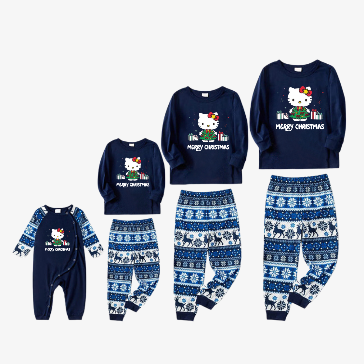 Merry Christmas Letter & Hello Kitty Pattern Navy Blue Plaid Family Pajama Sets