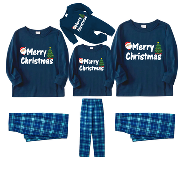 "Merry Christmas" and Santa Claus Printed Blue Long Sleeve Top With Blue Plaid Family Matching Pajamas