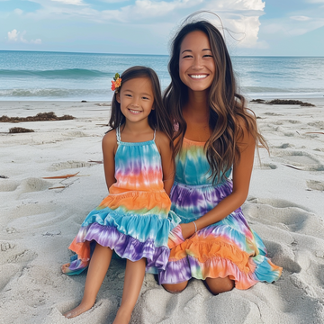 Mom and Daughter Tie Dye Matching Ruffle Hem Halter Dress