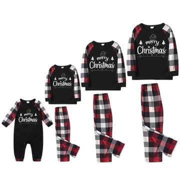 "Merry Christmas" Text Prints Red & Black & Grey & White Plaid Family Matching Pajamas