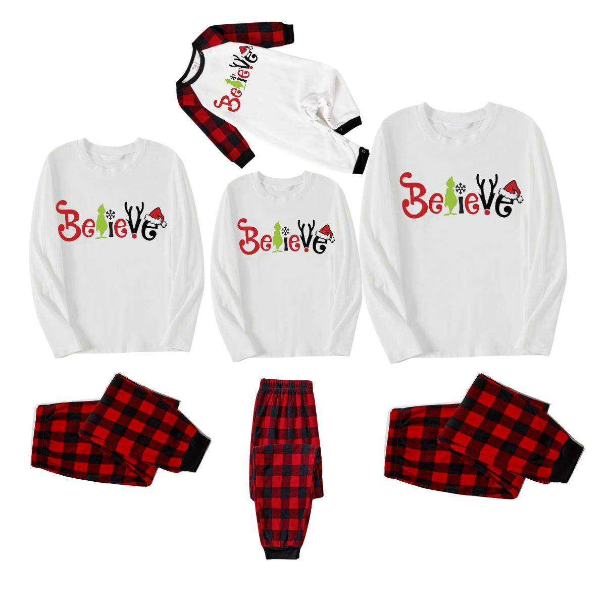 Christmas 2024 "Believe" Letter White Long Sleeve Top and Red & Black Plaid Pants Family Matching Pajamas