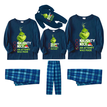 Cute Cartoon Pattern and Slogan Text Printed Blue Plaid Christmas Matching Pajamas