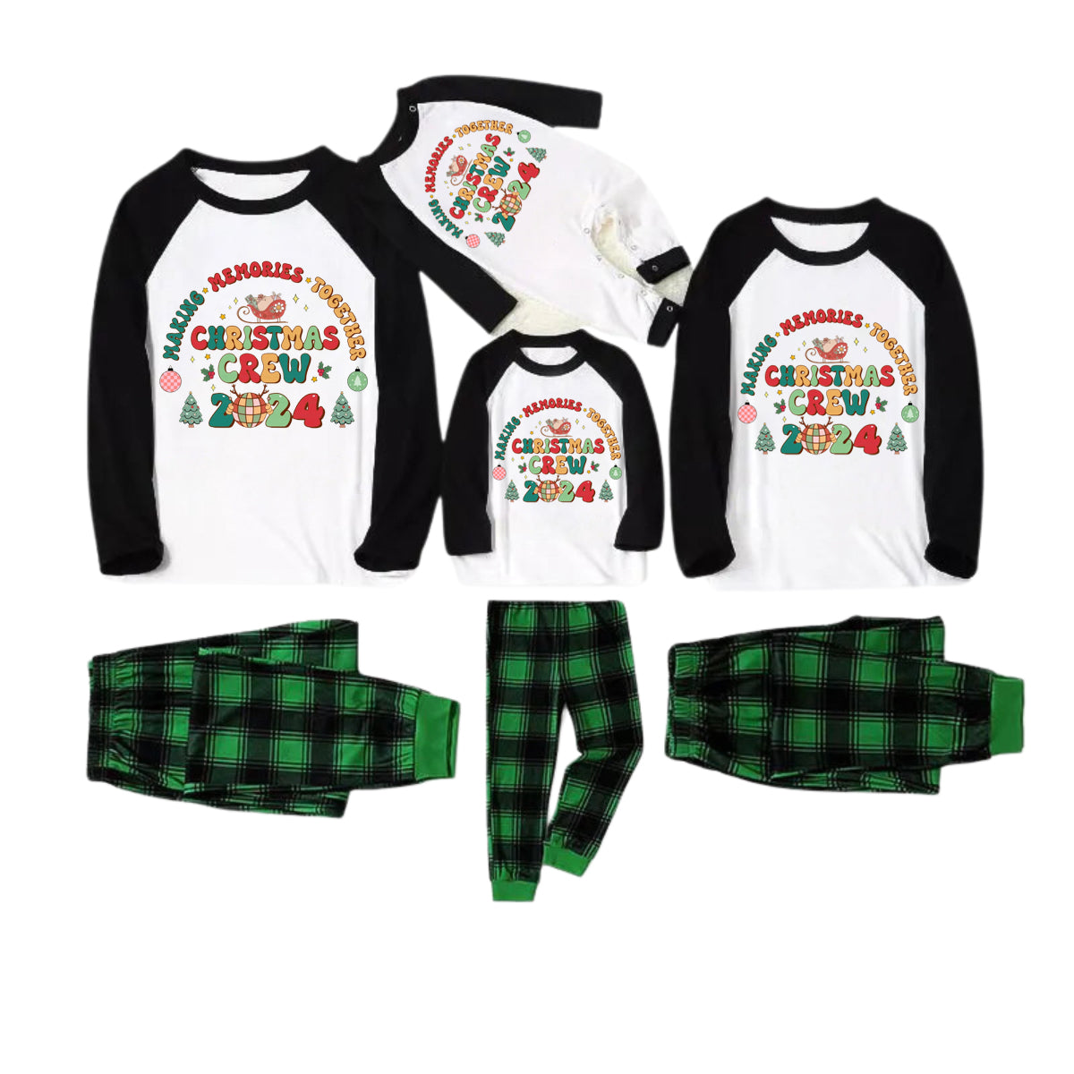 "Making Memories Together Christmas Crew 2024" Printed Green and Black Plaid Christmas Family Pajamas