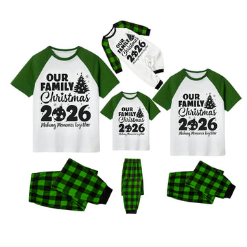Our Family Christmas 2026 Family Pajamas Set - White Top, Green Plaid Pants, Green Sleeves, Christmas Tree and Ornaments Print