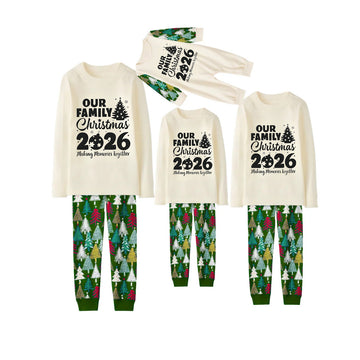 2026 Our Family Christmas Matching Pajamas -Cream Long Sleeve Tops & Green Christmas Tree Pants