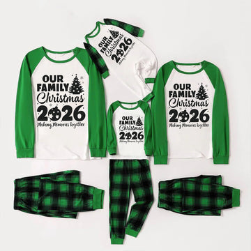 Christmas Tree & "2026 Making Memories Together" Patterned Green Sleeve Contrast Tops and Black and Green Plaid Pants Family Matching Raglan Long-sleeve Pajamas Sets With Dog Bandana