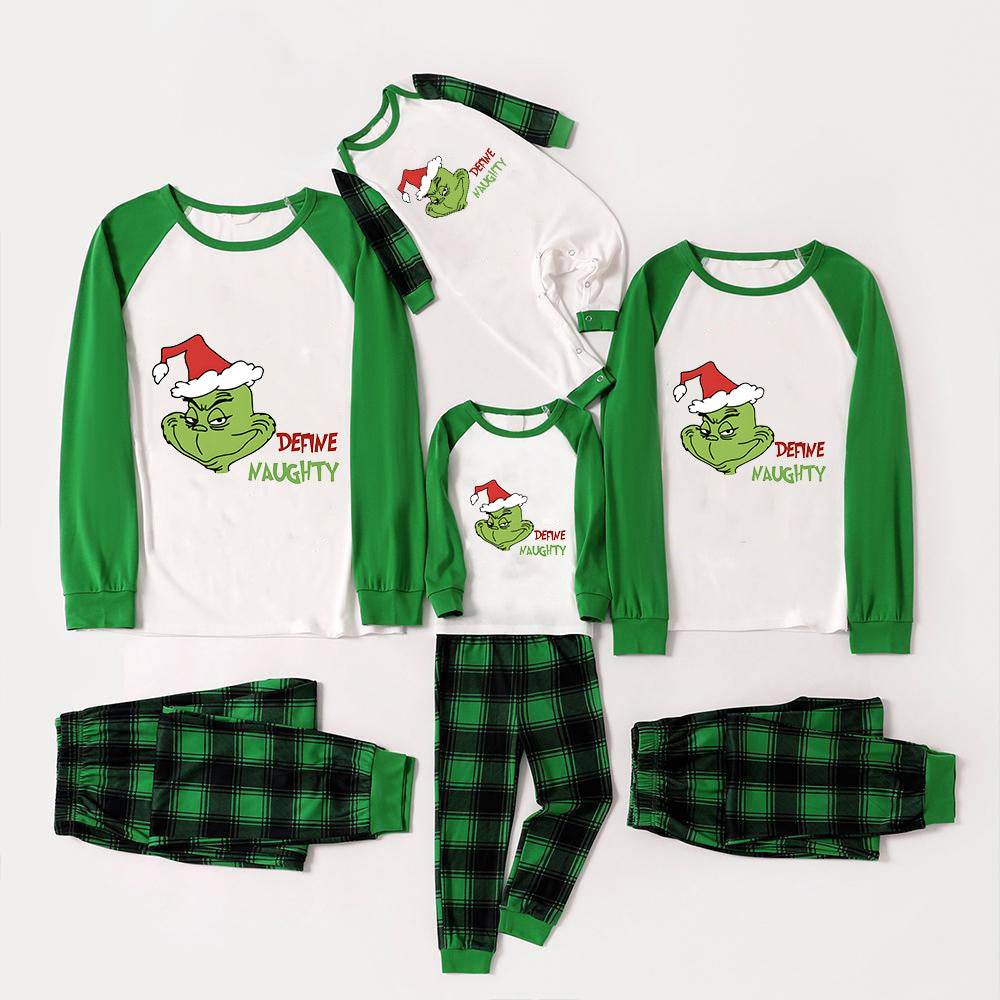 Christmas 'Define Naughty' Letter Print Patterned Casual Long Sleeve Sweatshirts Green Contrast Tops and Black and Green Plaid Pants  Family Matching Raglan Long-sleeve Pajamas Sets With Dog Bandana