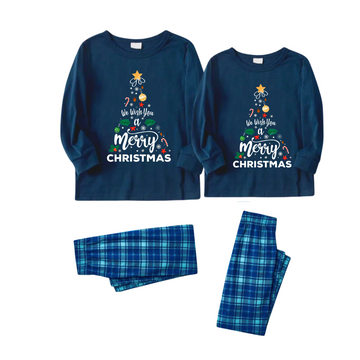 "We Wish You a Merry Christmas" Printed Blue Long Sleeve Top With Blue&Green Plaid Couple Matching Pajamas