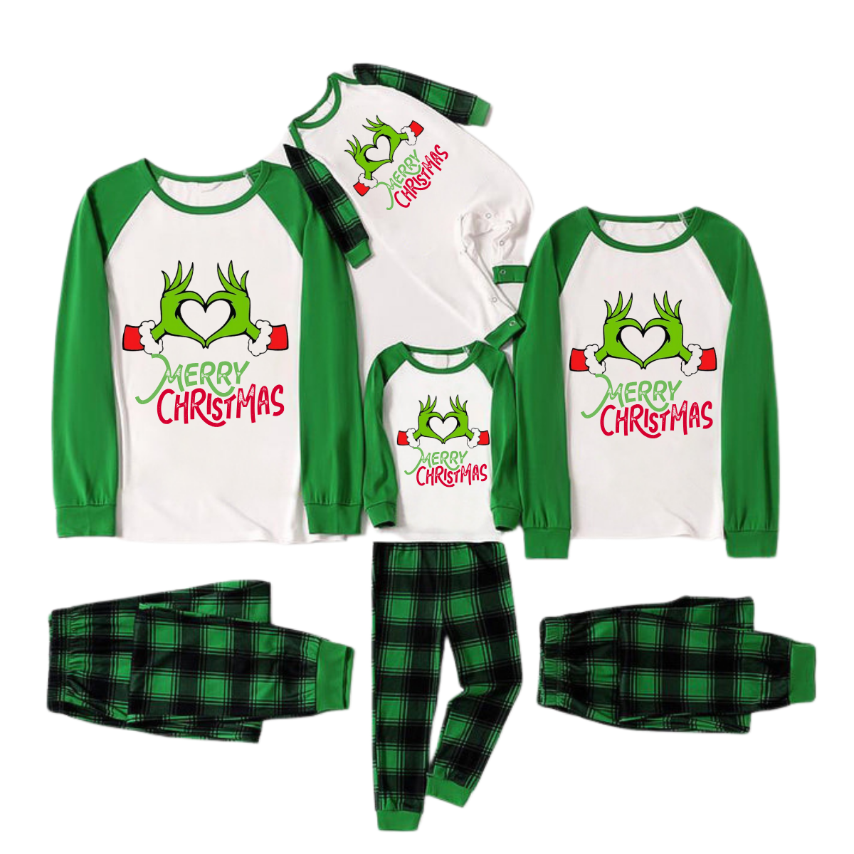 Cartoon Pattern and Merry Christmas Text Print Long Sleeve Top With Green & Black Plaid Family Matching Pajamas