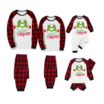 Merry Christmas 2025 Making Memories Family Pajamas Set - White Top, Red Pants, Red Buffalo Plaid Sleeves