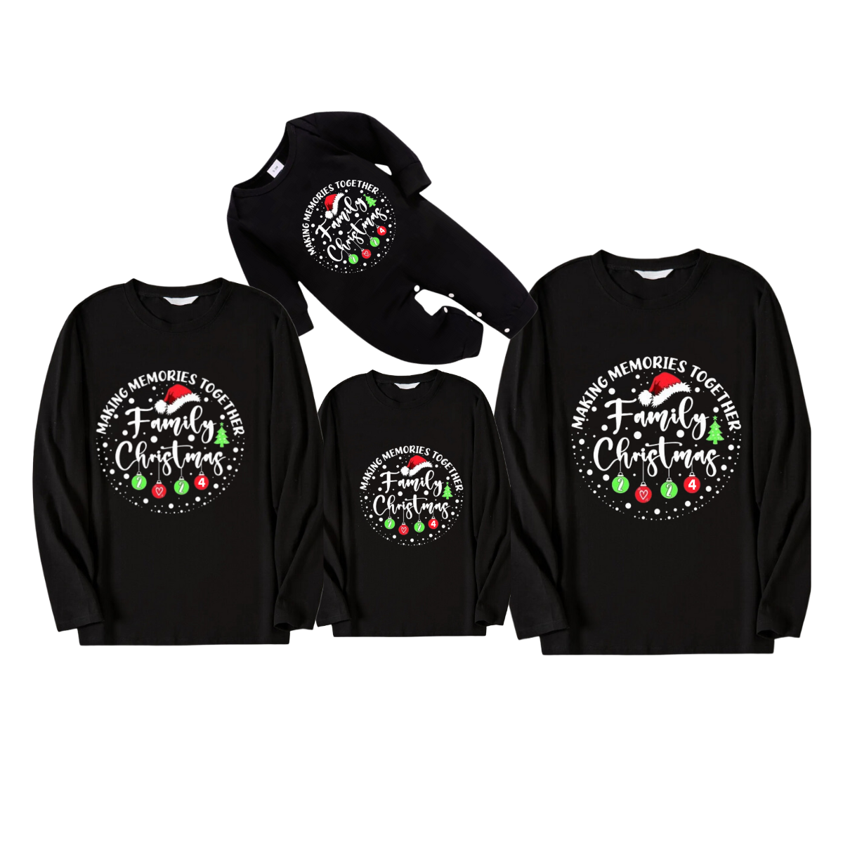 "Making Memories Together Family Christmas 2024" Circle Colorful Text Pattern Black Long Sleeve Top