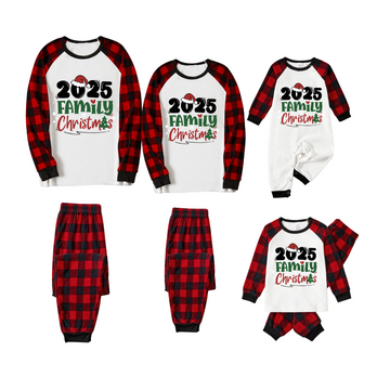 Merry Christmas 2025 Family Pajamas Set - White Top, Red & Black Plaid Pants, Red & Black Plaid Sleeves, Santa Hat & Christmas Tree Print