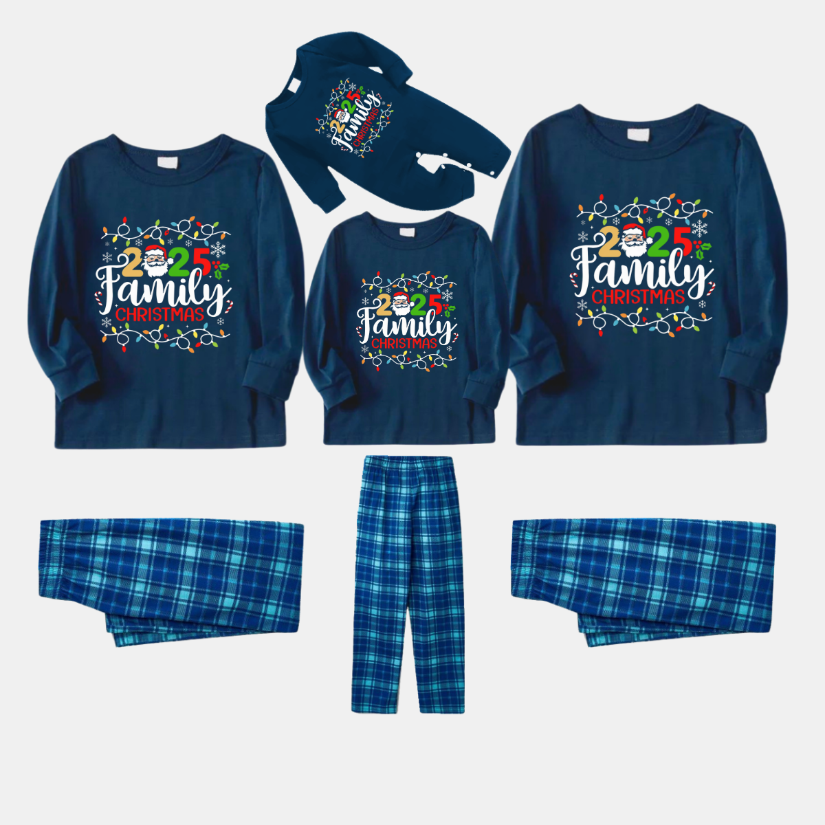 Navy & Sky Blue Plaid Christmas Pajamas Set With Christmas Light and "2025 Family Christmas" Text Print