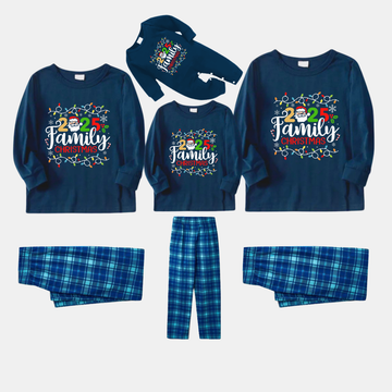 Navy & Sky Blue Plaid Christmas Pajamas Set With Christmas Light and "2025 Family Christmas" Text Print