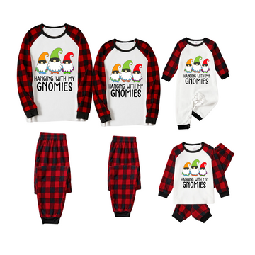 Hanging With My Gnomies Family Pajamas Set - White Top, Red Plaid Pants, Red Plaid Sleeves, Gnomes Print