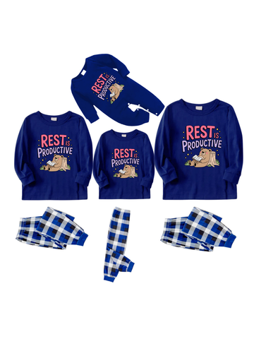 REST PRODUCTIVE Letter Printed Blue&White Plaid Matching Pajamas