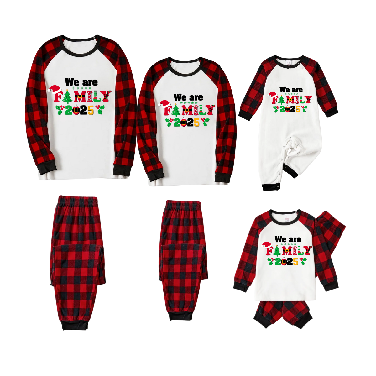 We Are Family 2025 Printed Red Black Contrast Sleeve Top And Plaid Pants Family Matching Christmas Pajamas Sets