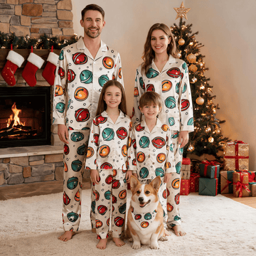 Colorful Jingle Bell Print Satin Button-Up Family Pajamas Set