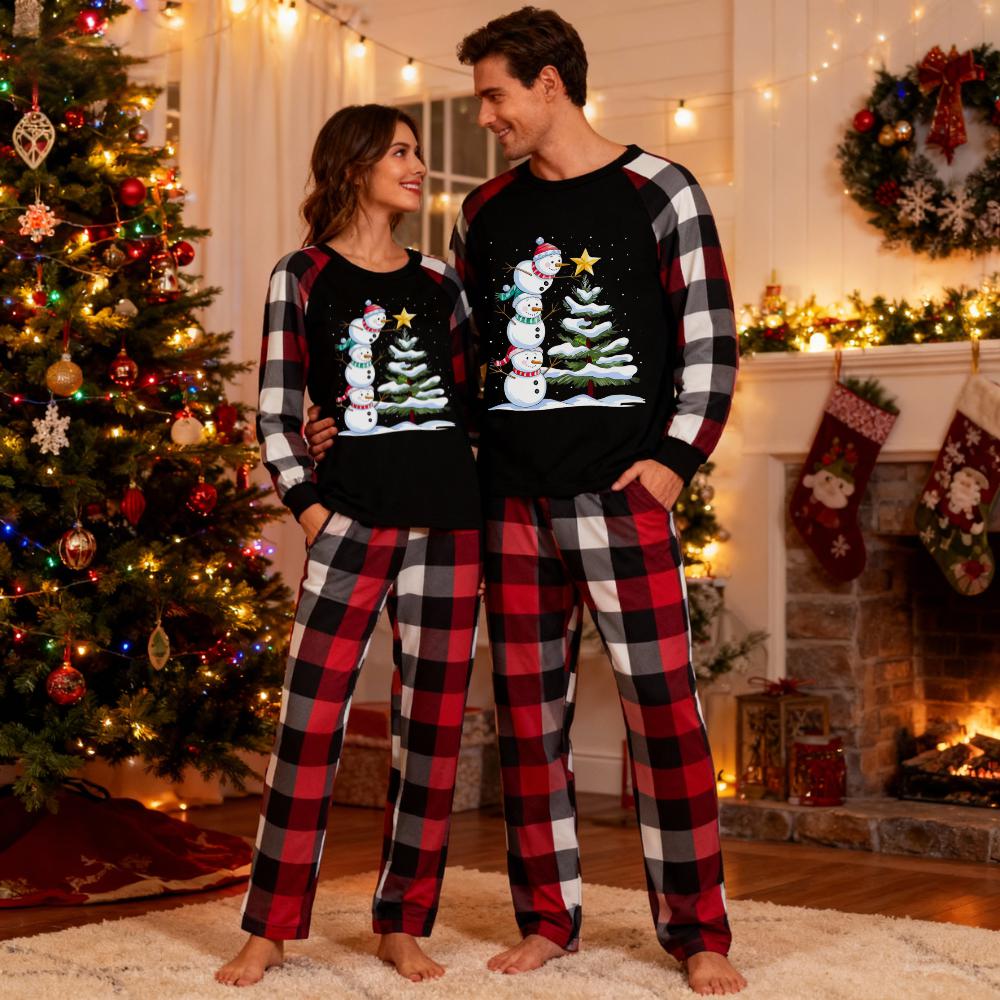 Red and Gray Plaid Christmas Couple Pajamas Set with Snowman & Christmas Tree Print