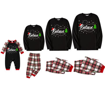 Christmas "Believe" Text and Tree Print Black Long Sleeve Top with Red & White & Green Plaid Family Matching Pajamas