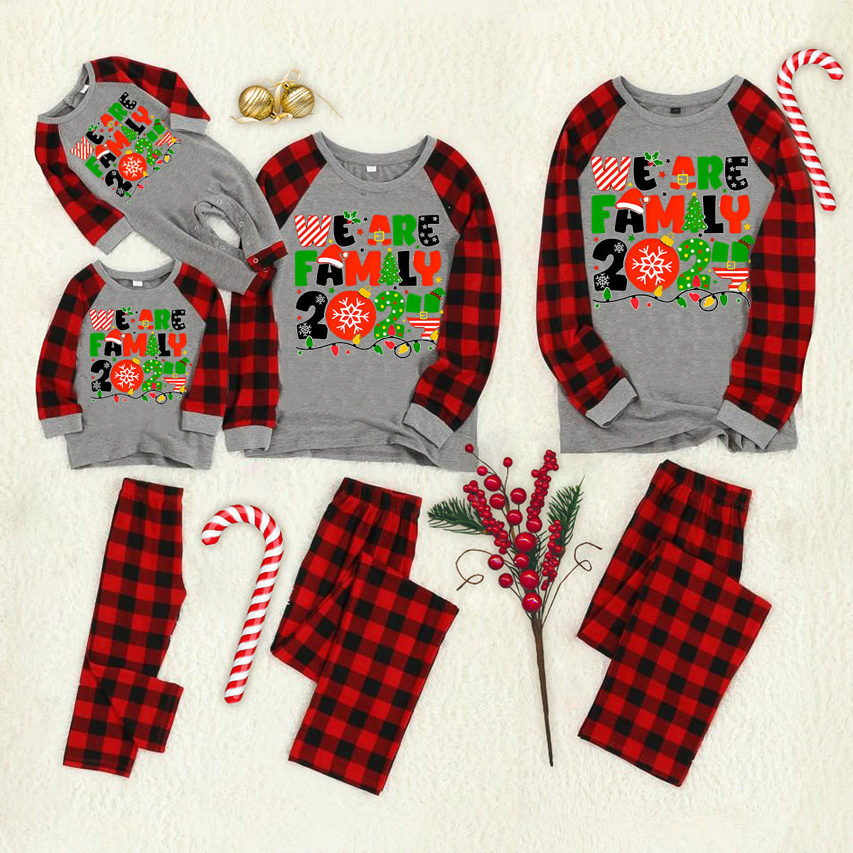 Christmas "We are Family" Colorful Multi-Element Letter Prints Black & Red Plaid Family Matching Grey Pajamas With Dog bandana