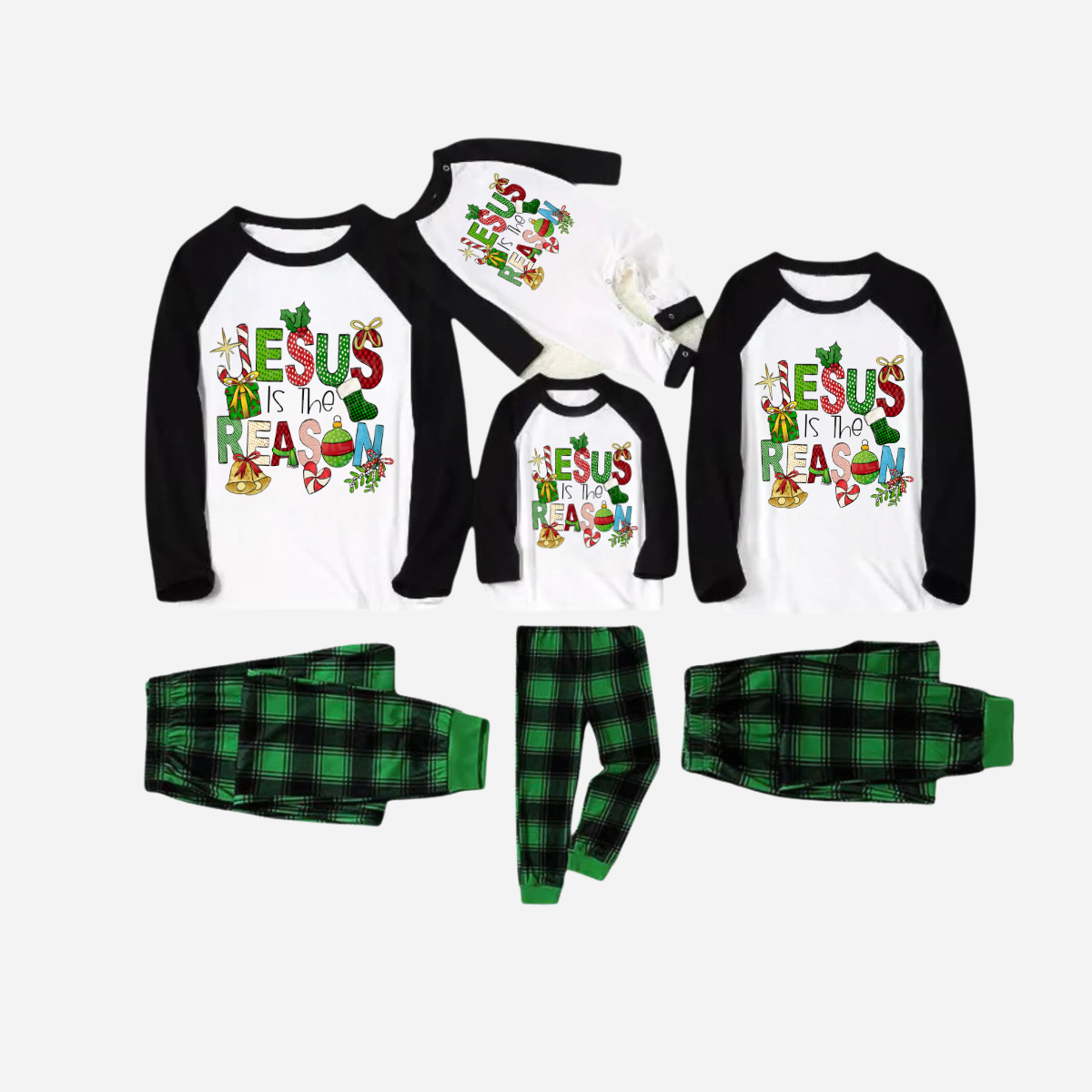Christmas Cartoon Family Christmas Pajamas Set - Black and White Top with Green Plaid Pants and “Jesus is the Reason” Design