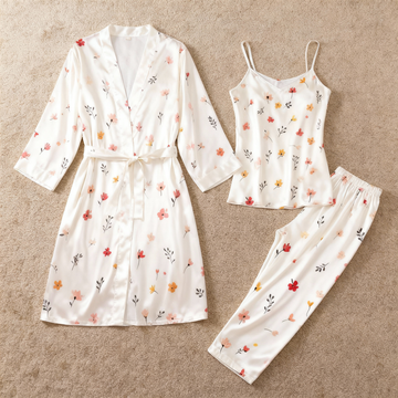 Women’s Satin 3-Piece Loungewear Set in Mini Blossoms Style