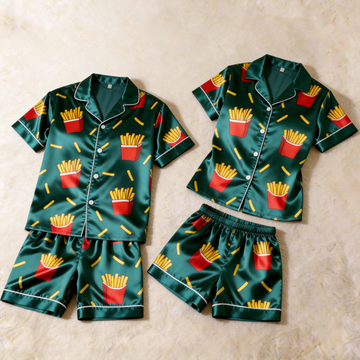 Silky Satin Playful Print Pajama Set – Classic Couple Sleepwear