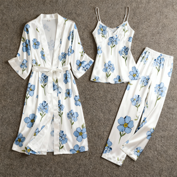 Women’s Satin 3-Piece Loungewear Set in Elegant Blue Floral Style