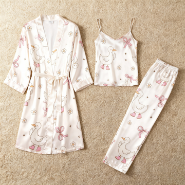 Women’s Satin 3-Piece Loungewear Set in Pink & Sweet Bowknot Style