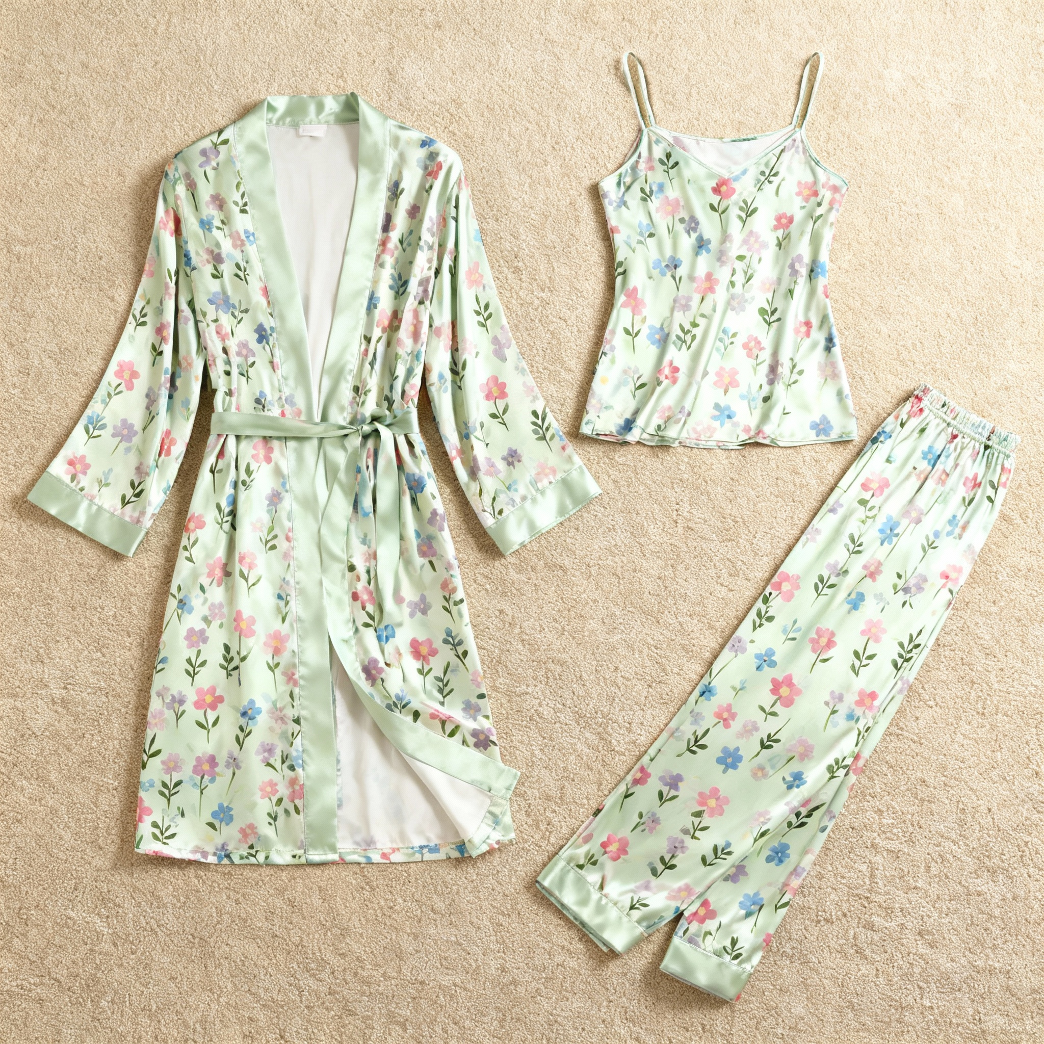 Women’s Light Green Satin 3-Piece Loungewear Set in Rich Florals Style