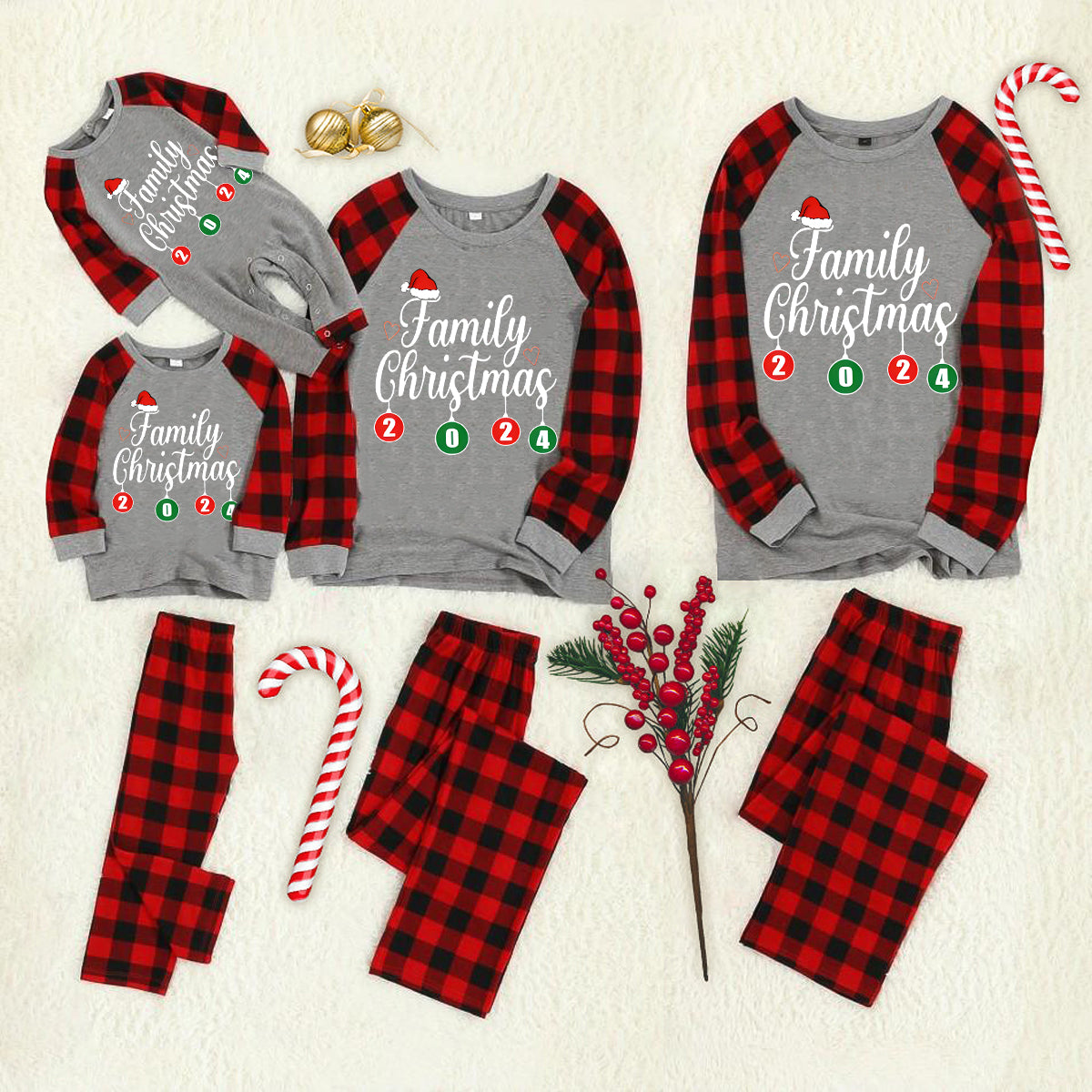 "Family Christmas" 2024 Letter Print Black & Red Plaid Family Matching Grey Pajamas With Dog bandana