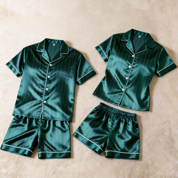 Classic Green Satin Striped Print Pajama Set – Silky Couple Sleepwear