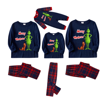 Merry Whatever Red Text With Green Cartoon Characters and Dog Pattern Blue Top Red&Blue Plaid Pants Family Matching Pajamas