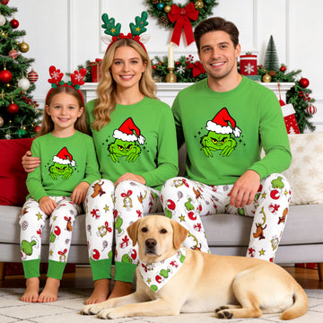 Green Grinch Christmas Family Matching Pajamas Set with Santa Hat Graphic Top and Print Pants