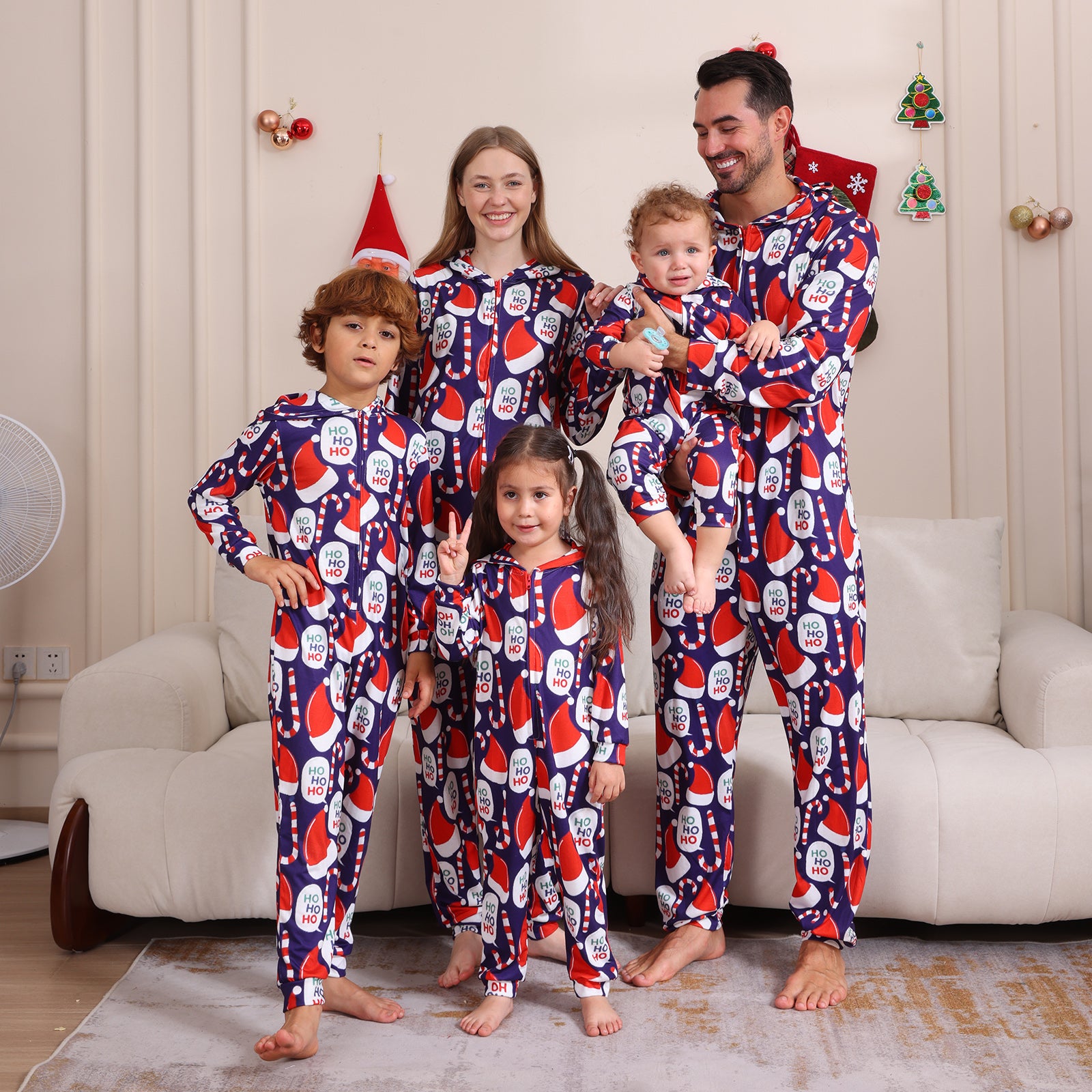 Christmas Santa Hat Print Long-sleeve Blue Onesies Pajamas