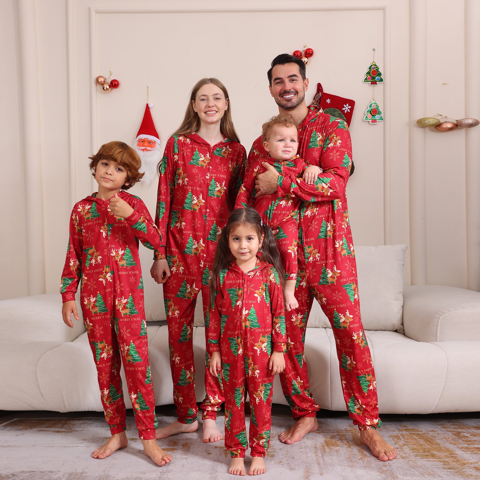 Christmas Tree and Elk Print Long-sleeve Onesies Pajamas