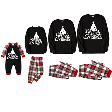 Christmas "Merry Christmas" Text and Tree Print Black Long Sleeve Top with Red & White & Green Plaid Family Matching Pajamas